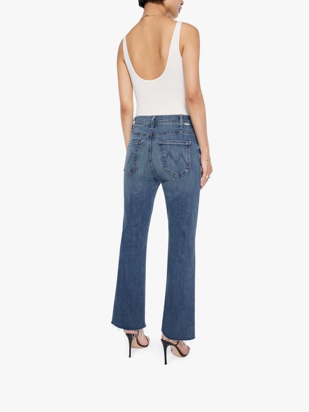 MOTHER Mid Blue High-Rise Flare Jeans-the hustler, ankle fray, wash is au revoir